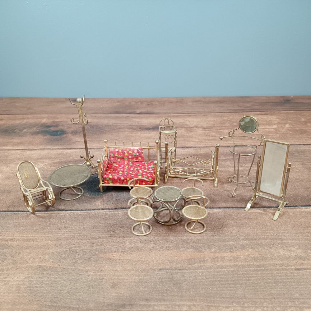 Vintage Miniature Dollhouse Furniture Set brass Bed Chairs Table Mirror